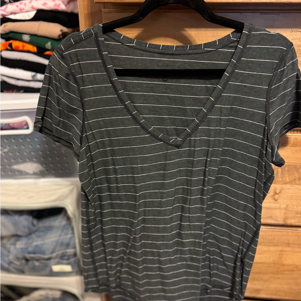 Lululemon Athletica Gray Striped V-Neck Tee